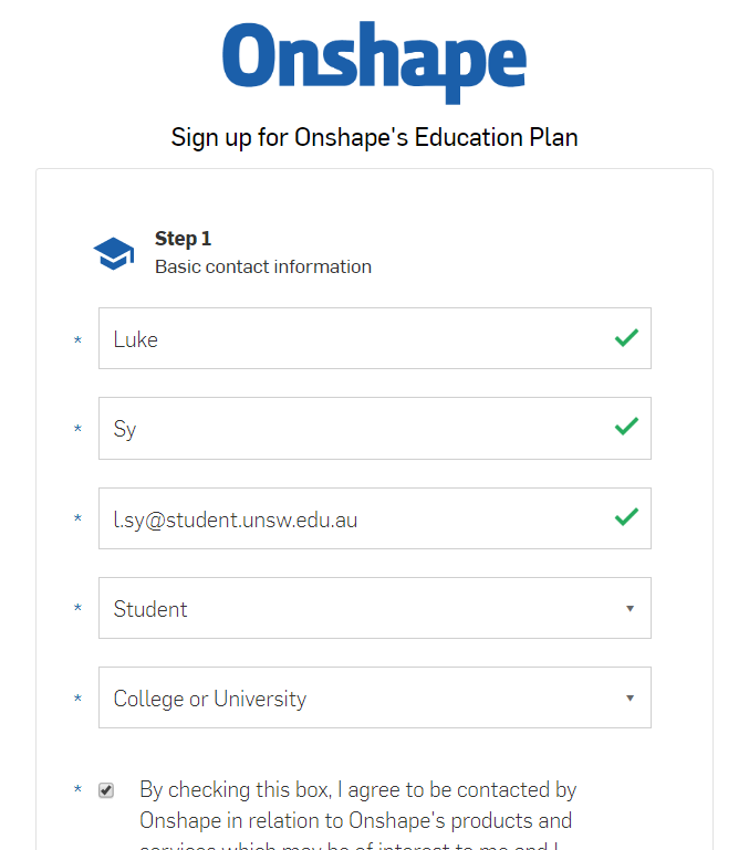 Onshape Education Registration